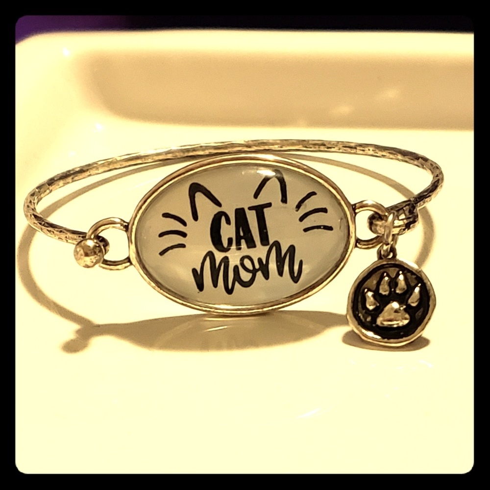 Cat Mom silver bracelet with paw print charm